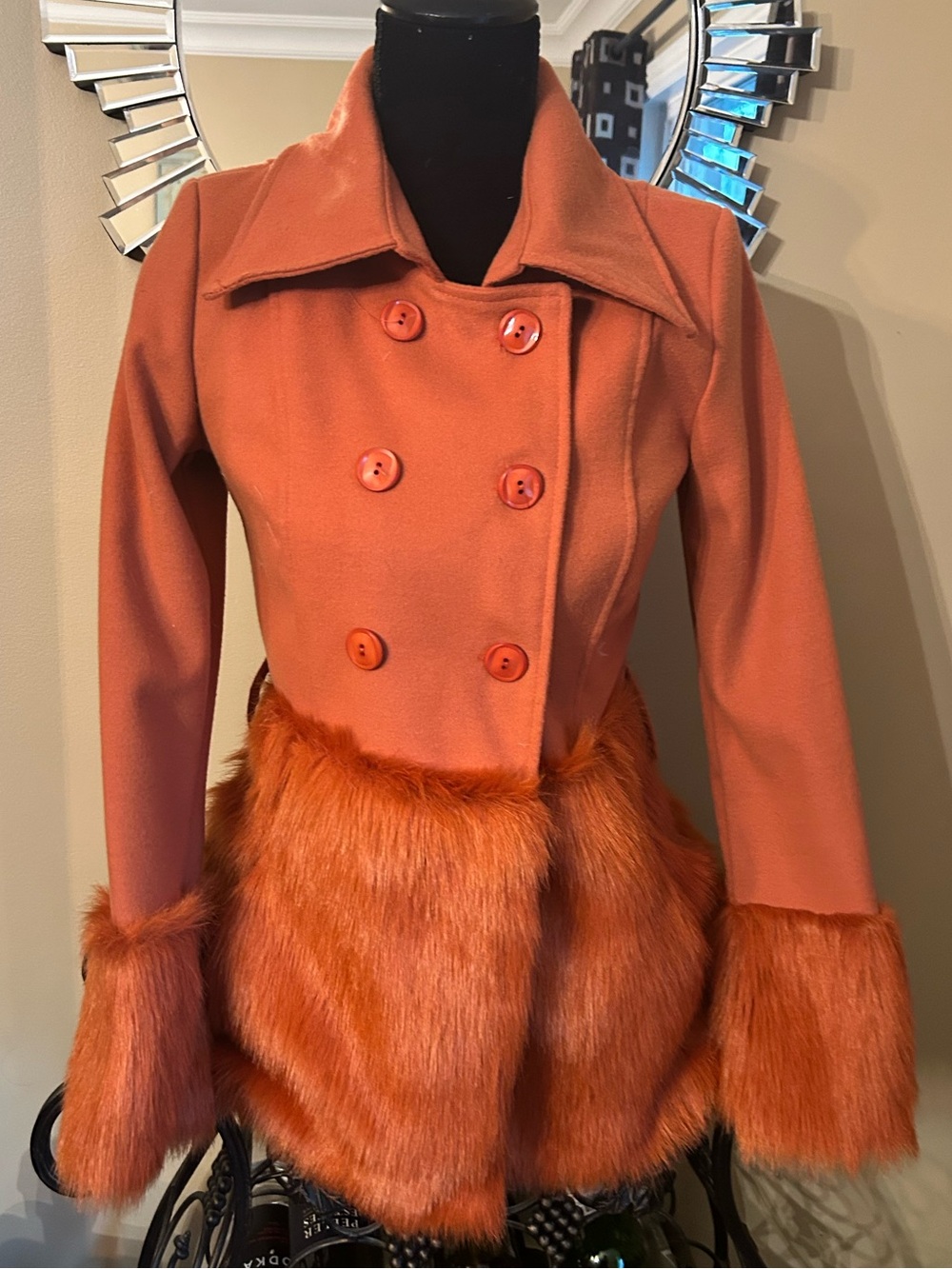 lola Orange Double-Breasted Pea Coat with Faux Fur Trim